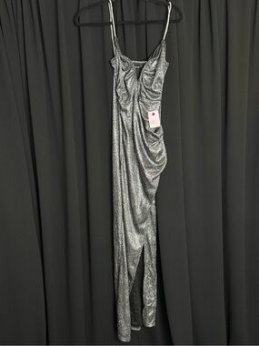 PrettyLittleThing Shimmering Silver Ruched Slip Gown with Slit